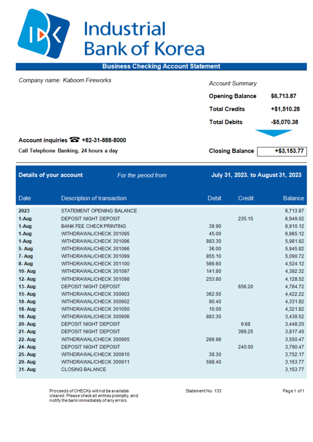 Modèle Word et PDF de déclaration commerciale de la Banque industrielle de Corée